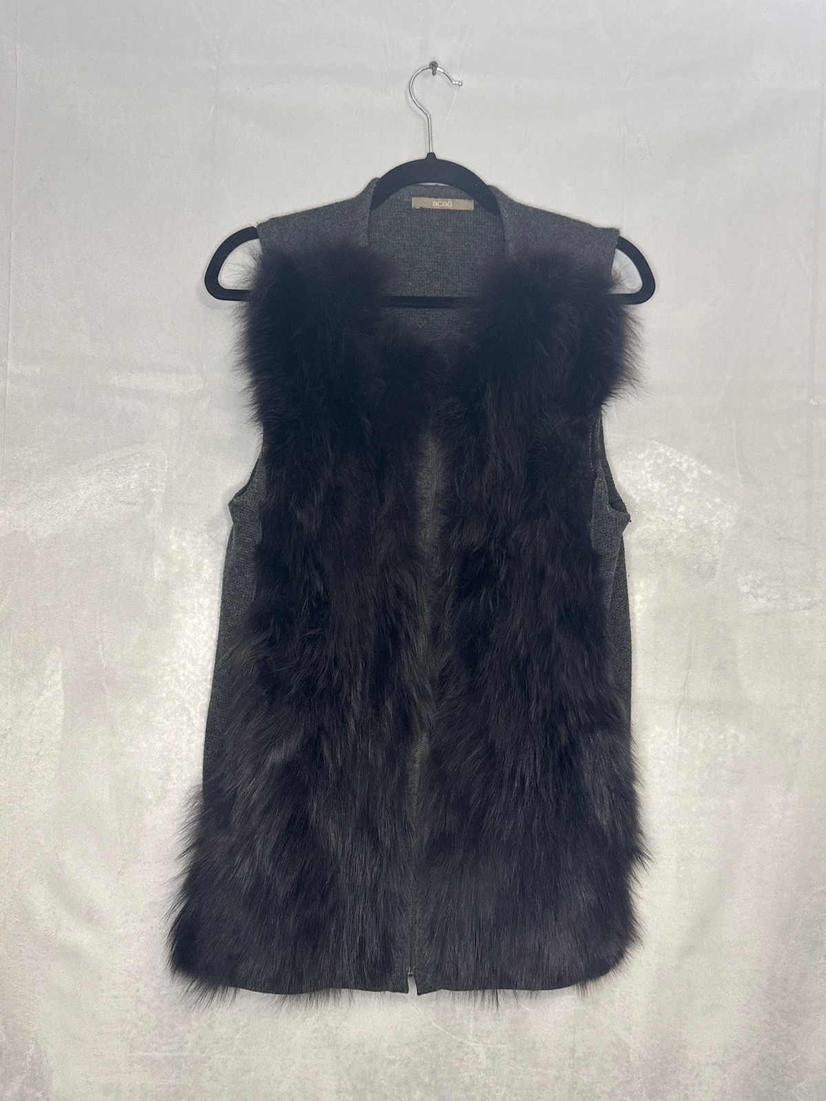 BCBG Womens Charcoal Gray Wool Cashmere Blend Real Fox Fur Trim Knit Vest 88-96