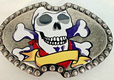 Skull  Crossbones Metal Belt Buckle 4  Studded Edge, Bandanna, And Banner