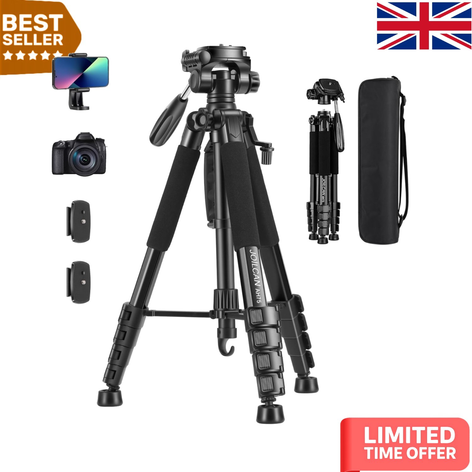 Aluminum 74-Inch Tripod Stand for DSLR/Nikon/Canon - Foldable & Versatile