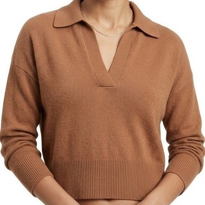 Banana Republic Cashmere Polo Sweater XL Camel Brown Johnny Collar Crop Knit Wms