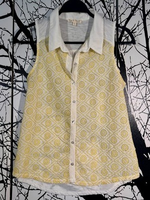 Hem & Thread Eyelet Lace Front White & Yellow Sleeveless Blouse Size L