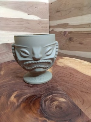 Vintage  Footed Two-faced Tiki Glass Happy An Sad Face Thick Frosted Glass 1970