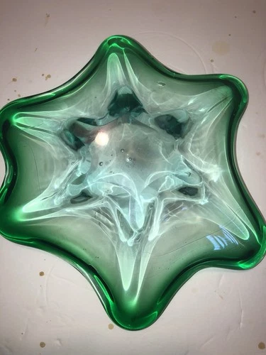 Murano Italian Art Glass Blue / Green Flower Shape Candy Trinket Bowl
