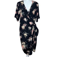 Vintage Oriental Floral Midi Wrap Dress Womens Size 12 Karen Kane 90s Y2K USA
