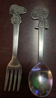 Vtg Danara Snoopy Woodstock Peanuts Kids Feeding Fork & Spoon Stainless Set 1965