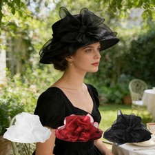 Women's Organza Wide Brim Derby Hat Elegant Sun Hat for Banquets Weddings Church