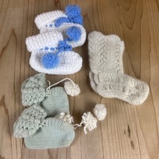 Vintage Handmade Crochet Baby Booties Lot Of 3 Pair White Beige Green Blue