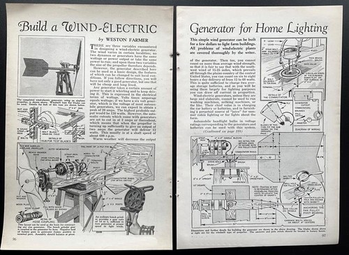 “Build a Wind Electric Generator for Home Lighting” 1936 PLANS Auto Generator