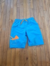 Under Armour Boys Swim Trunks Youth YLG Blue Orange Drawstring Waist Mesh Lined