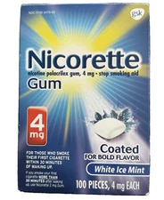 Nicorette Gum, 4 mg Each, WHITE ICE MINT, 100 Pieces EXP 05/2026 ~ NEW + SEALED
