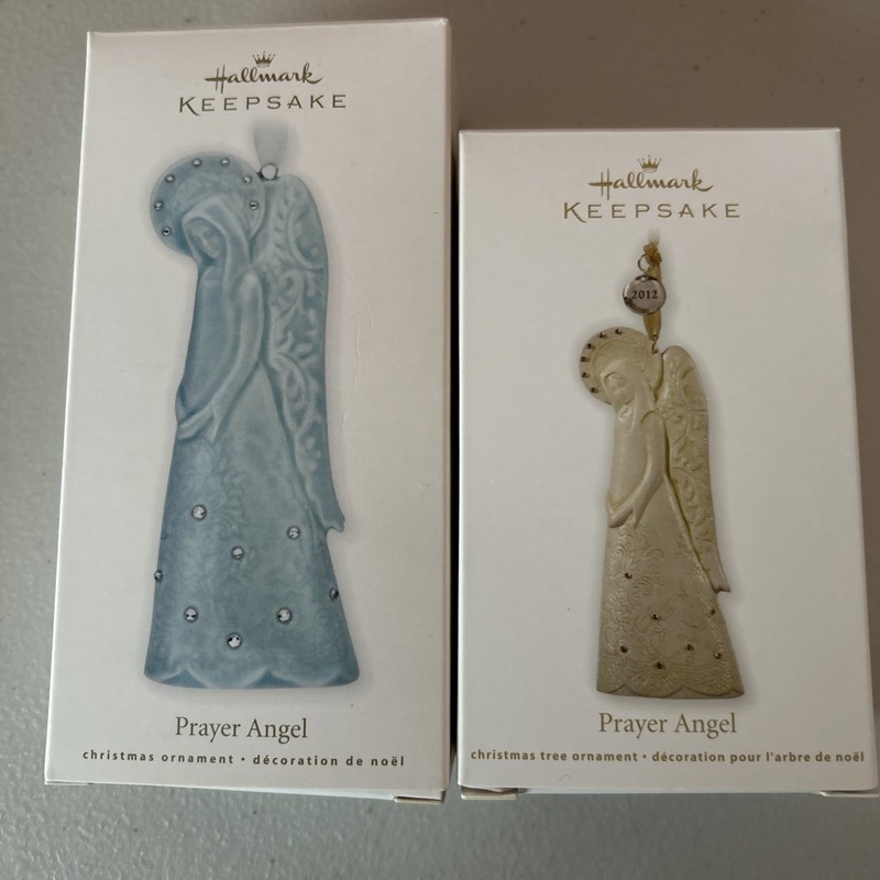 2010 & 2012 Signed Hallmark Keepsake ceramic Prayer Angel ornaments.