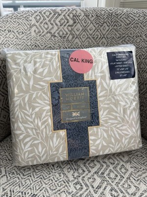 William Morris Designer Linen/ Tan White Leaf Cal King Sheet Set New 100% Cotton