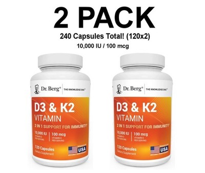 Dr. Berg's D3 & K2 Vitamin, 2 PACK, 10,000 IU, 100 mcg per serving, 120 Capsules