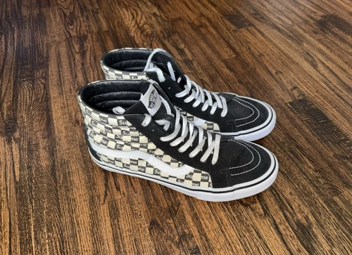 Logo boîte à carreaux Supreme x VANS Sk8 Hi noir/blanc 2016 taille 11