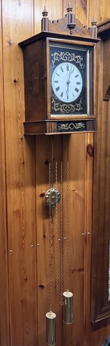 Antike Wanduhr mit Schlag Holz 19. Jahrhundert bemalt mit Pendel und Gewichten - Bild 6 von 13