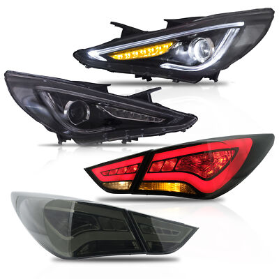 4PCS Headlights + SMOKED Tail Lights For Hyundai Sonata 6th Gen Sedan 2011-2014