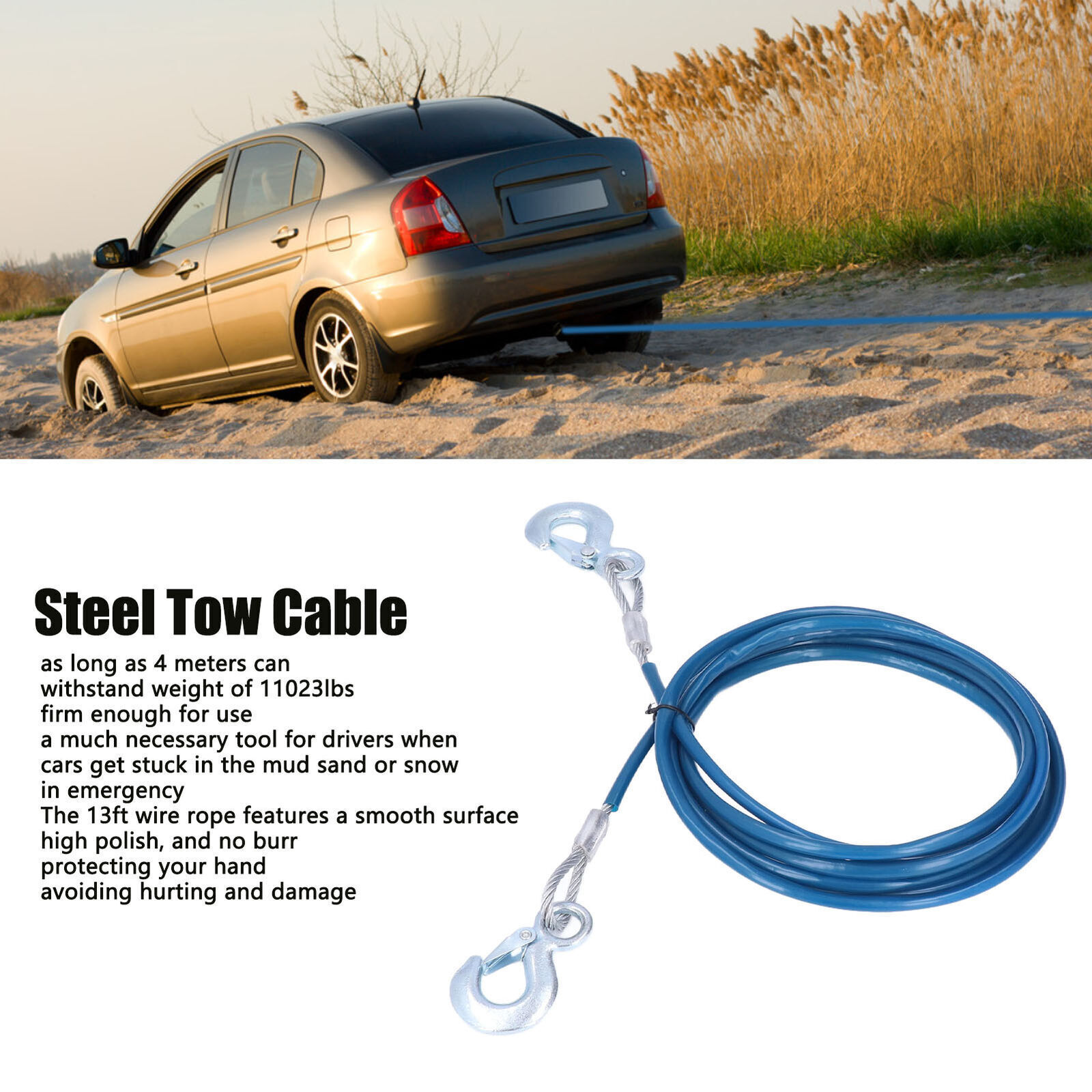 4mx10mm Car Tow Cable Heavy Duty Towing Strap Rope 11023lb Breaking Strength