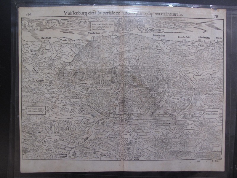 Antique Birds Eye View Cosmographia S. Munster Weissenburg Germany It. Ed. 1575
