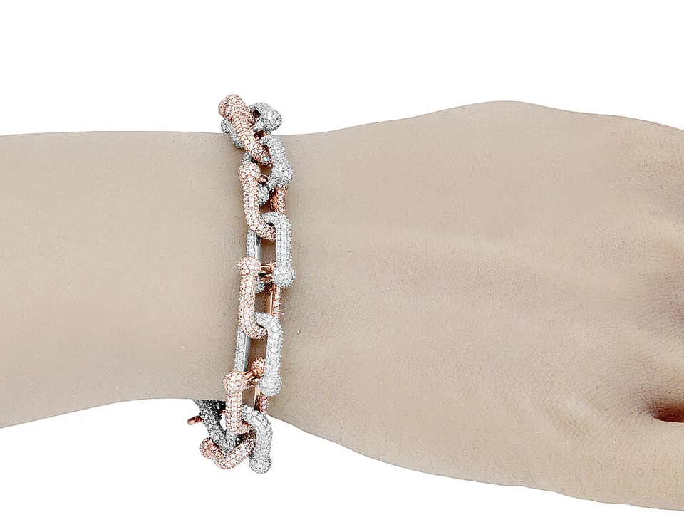 Two-Tone Hermes Links Pave' Set 19 3/5 CT Real Diamond Bracelet Rose-White Go... - Image 4 of 4