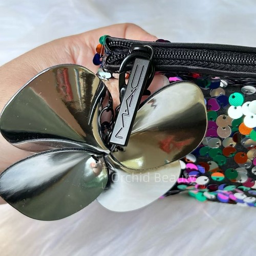 MAC Multi-Color Sequin Zipper Makeup Bag With Removable Flower Charm~New - Picture 4 of 5