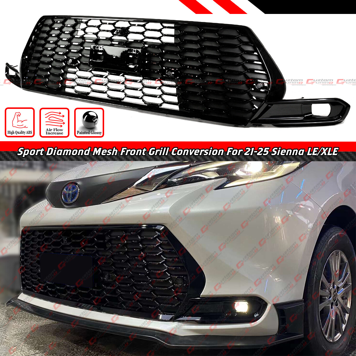 SE STYLE GLOSS BLACK FRONT BUMPER GRILLE CONVERSION FOR 2021-2025 SIENNA LE XLE