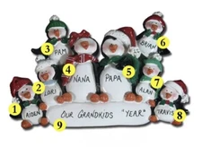 Personalized Penguin Family of 8 Christmas Ornament 