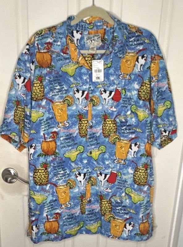 Big Dogs Men’s L Tropical Cocktail Dog Print Rayon Short Sleeve Button-Up