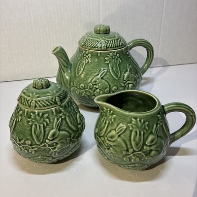 Bordallo Pinheiro Rabbit Green Tea Pot & Lid, Sugar Bowl & Lid, Creamer Portugal