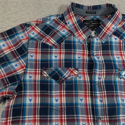 Cody James Mens Western Pearl Snap Shirt XLT Tall Plaid AOP Bull Rodeo Cowboy