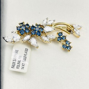 Authentic Floral Branch Brooch Blue Clear Cubic Zirconia 14K Gold Plated Original Box Tags
