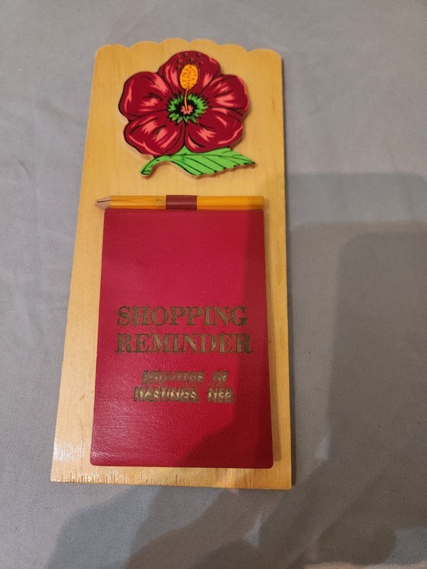 VTG Shopping Reminder Wooden Grocery List Pencil Red Flower Hasting NE Souvenir