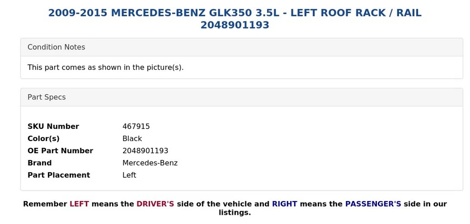 Mercedes-Benz GLK350 2009-2015 3,5 L - barra de techo izquierda / carril 2048901193 Foto 4 de 4