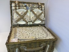 Wicker Picnic Basket Set 4 Insulated Cooler Waterproof Tablecloth Wine Glasses