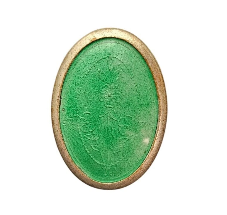 Green Gloss Enamel Art Deco Style Oval Floral Pin J784