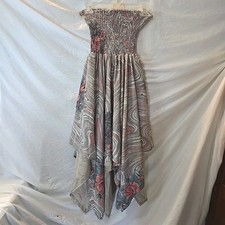 Silk Strapless Hi/low Hem Smocked Bodice Floral Motif Fairy Boho Dress Whimsical