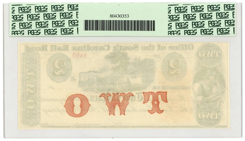 1800's $2 The Office of the SOUTH CAROLINA Rail Road Note w/ TRAIN - PCGS 64 PPQ - Image 2 of 2