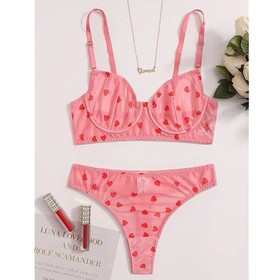 Women Bra Set Sexy Heart Print Lingerie Set for Women Body Shorts Push-up Bra Fa