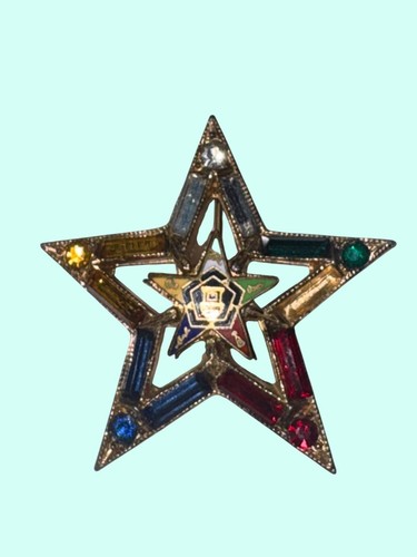 Eastern Star Symbol Enamel Gemstone Star Pin Colorful Gold-Tone 1.5 In