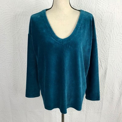 J Jill Ribbed Velour Shirt Top Size L Boxy Teal Blue Stretch Comfy Loungewear