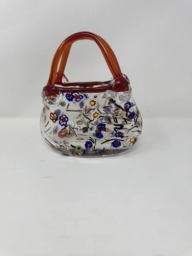 Vintage Italian Art Murano Glass Basket Millefiori Purse Design Orange Handles