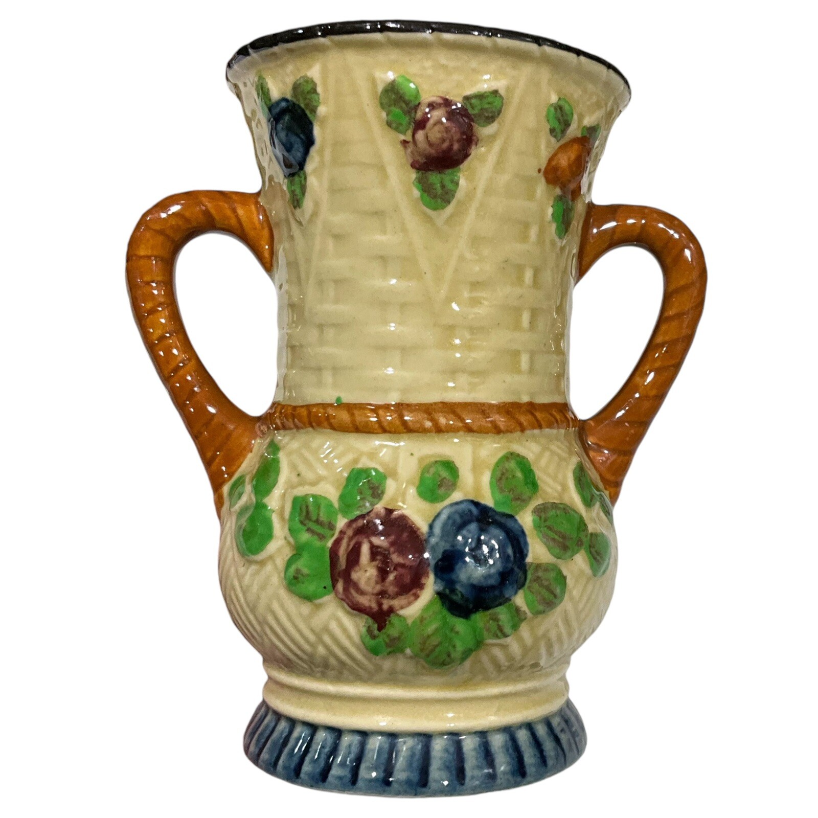 Vintage Maruhon Ware Glazed Handpainted Double Handle Flower Vase 5”