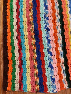 Vintage Handmade Multi Color Retro Stripe Crochet Afghan Throw Blanket 54''x 65''