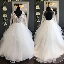 Garden Wedding Dresses Ball Gown Long Sleeves Ruffles Skirt Bridal Gown V Neck