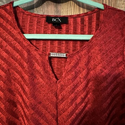 BCX Red Rib Slinky Festive Long Sleeve Women s Blouse Size Large NWT Holiday 