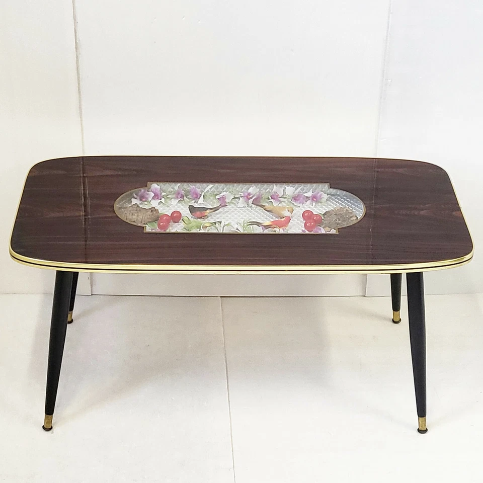 TABLE BASSE AUX OISEAUX 1960 VINTAGE EN BOIS VERRE & FORMICA 60S 1960S ANNEES 60 - Photo 3/4