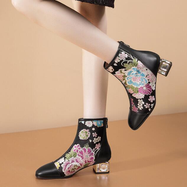 Women Elegant Leather Floral Print Ankle Boots Shoes Block Heel