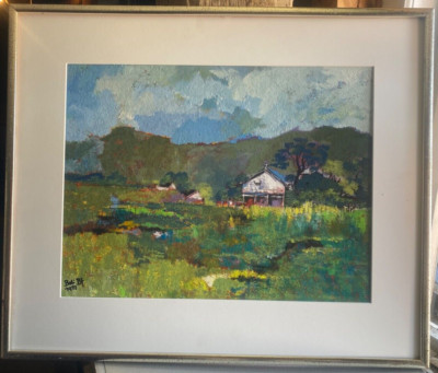 ::BALI BF PAINTING FRAME LANDSCAPE WITH HOUSE FRAME SKY CLOUDS 1972 FIELDS