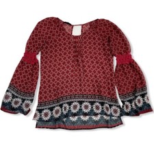 Socialite Womens Sheer Bell Sleeve Floral Geometric Blouse Top Shirt Size S Rust