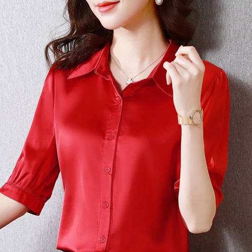 Camisa Blusa Top Oficina Dama Satén Imitación Seda Camisa Manga Corta Abotonada - Imagen 8 de 22