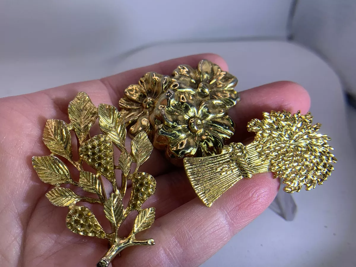 Lot of 3 Mix Flower Branch Bushel of Wheat Vintage Gold Brooch Pin V 7183